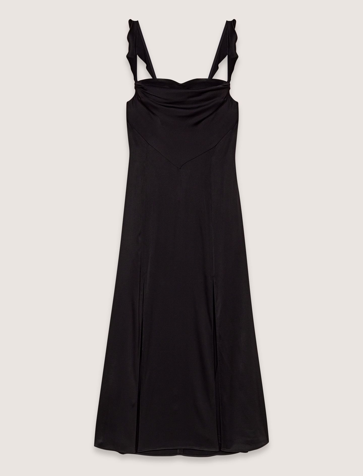 Đầm dài satin viền bèo hở lưng cut-out